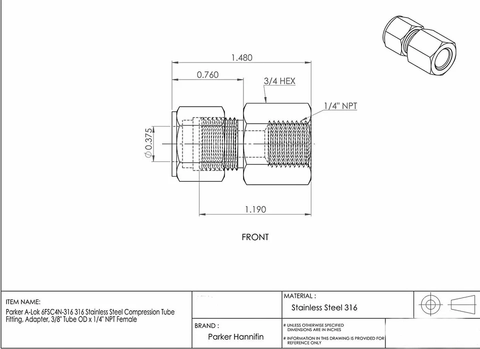 (Box of 25 pcs)  3/8" Tube X 1/4" FNPT  316ss Adapter Fitting PARKER 6FSC4N-316 - Image 4 of 4