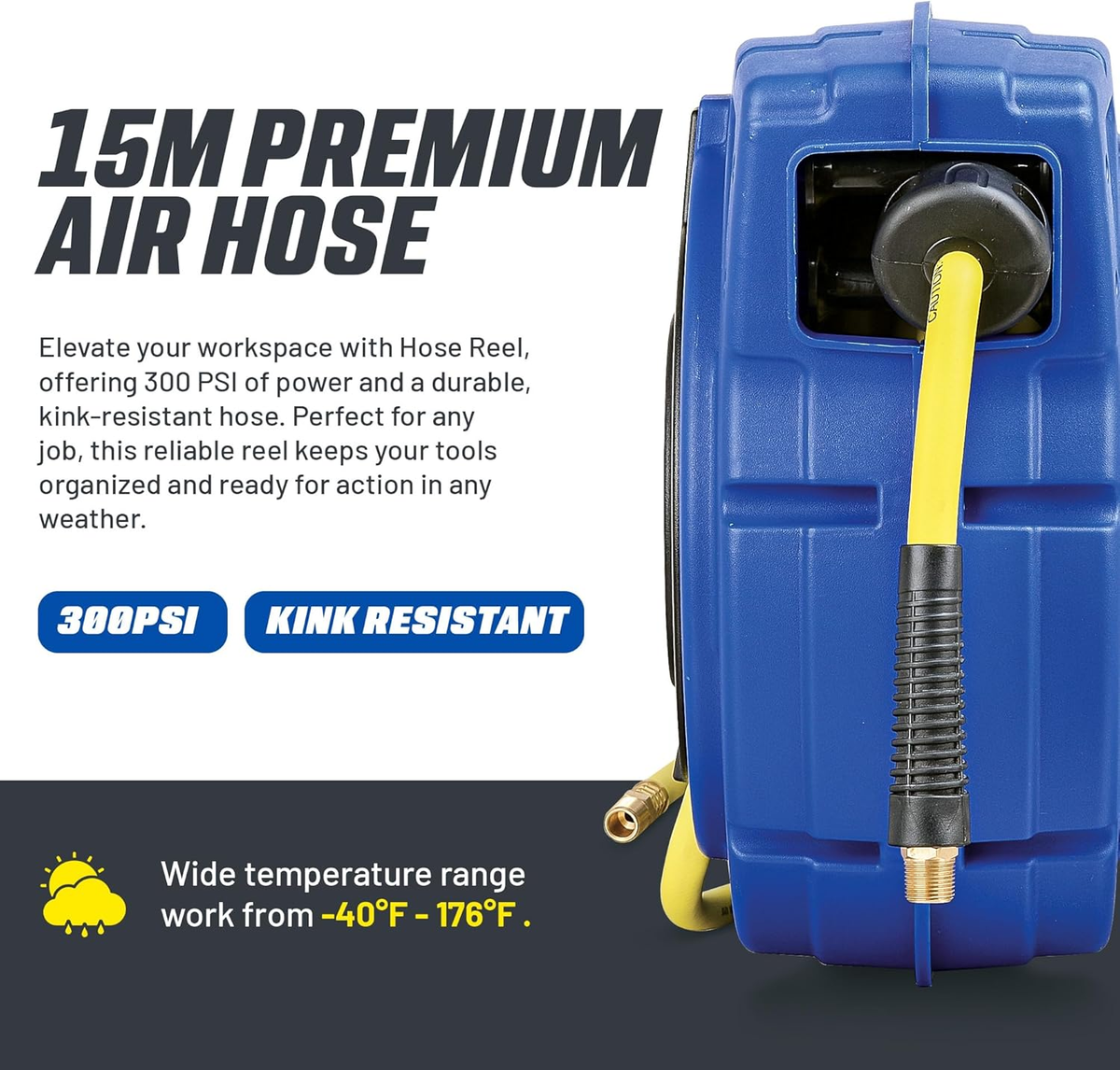 Heavy Duty Retractable Air Hose Reel - 3/8" X 50 Ft Hybrid Polymer Hose, 300 PSI, Steel Frame