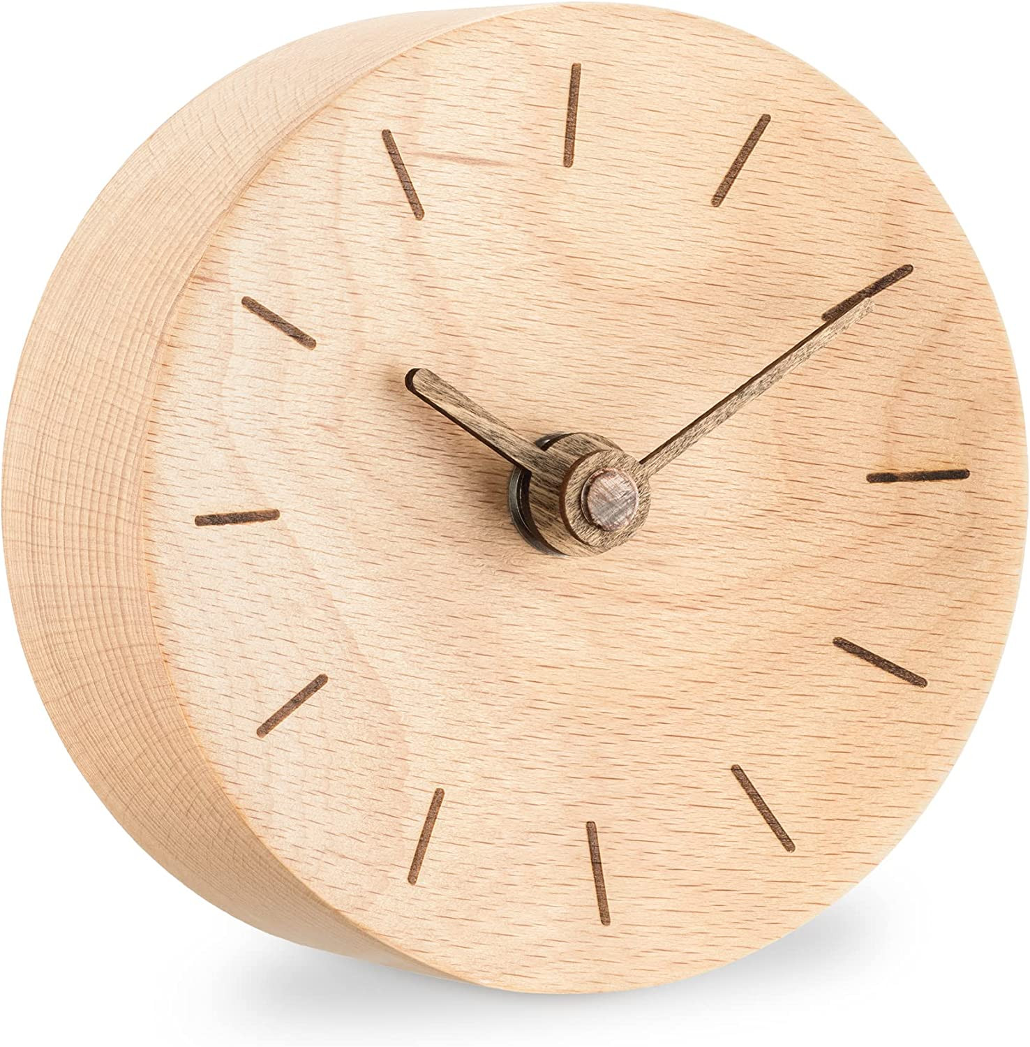 Small Modern Desk Clock - 4-3/8" Diameter Real Wood Analog C