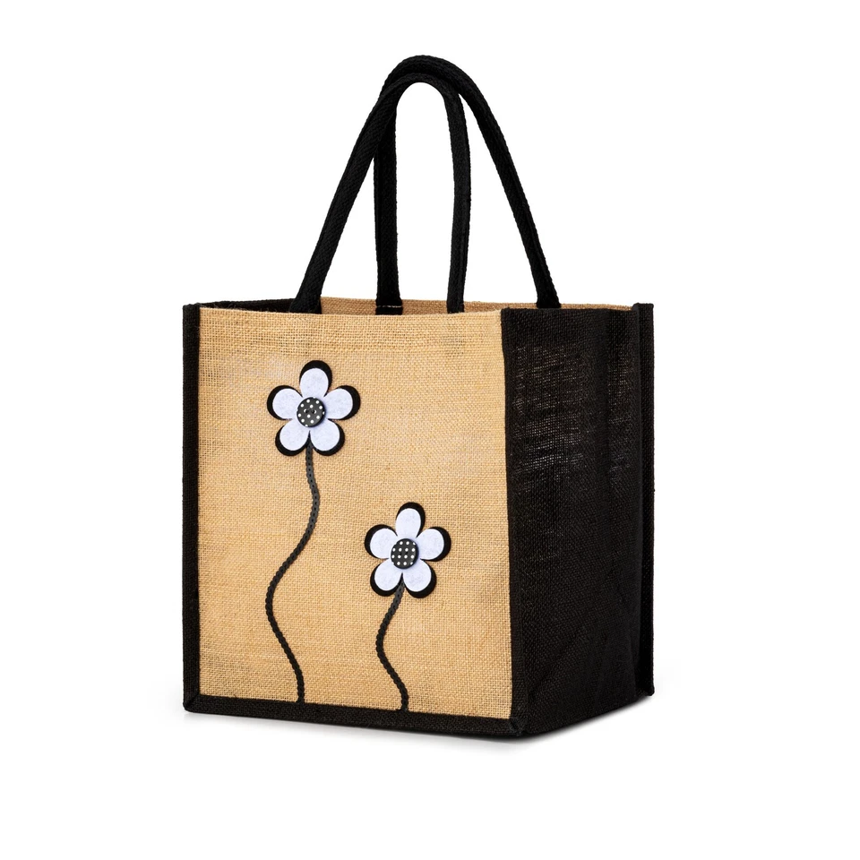 COOCOO Jute Hessian Medium Shopping Tote Bag / Shopper - Decorated Flower Floral Design