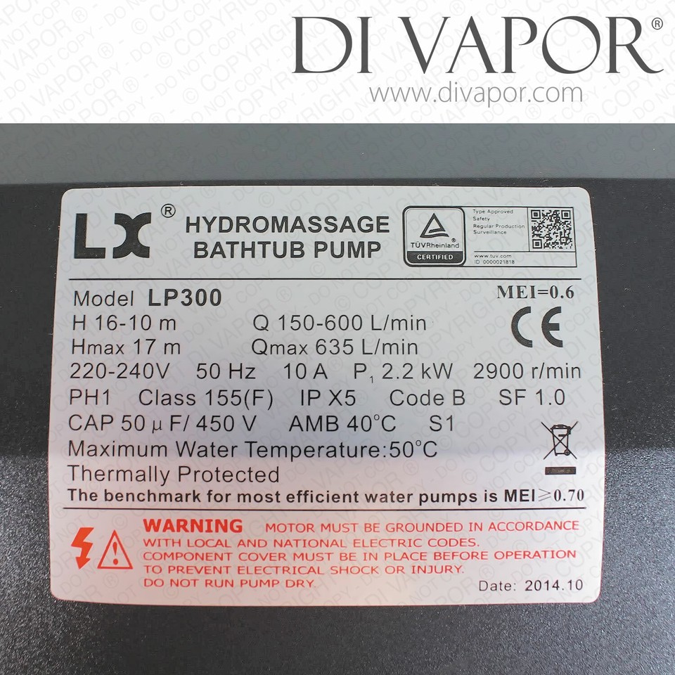 LX LP300 Pump 3HP 220V/50Hz 10.0 Amps 3 Lx Tub 220v/50hz Whirlpool