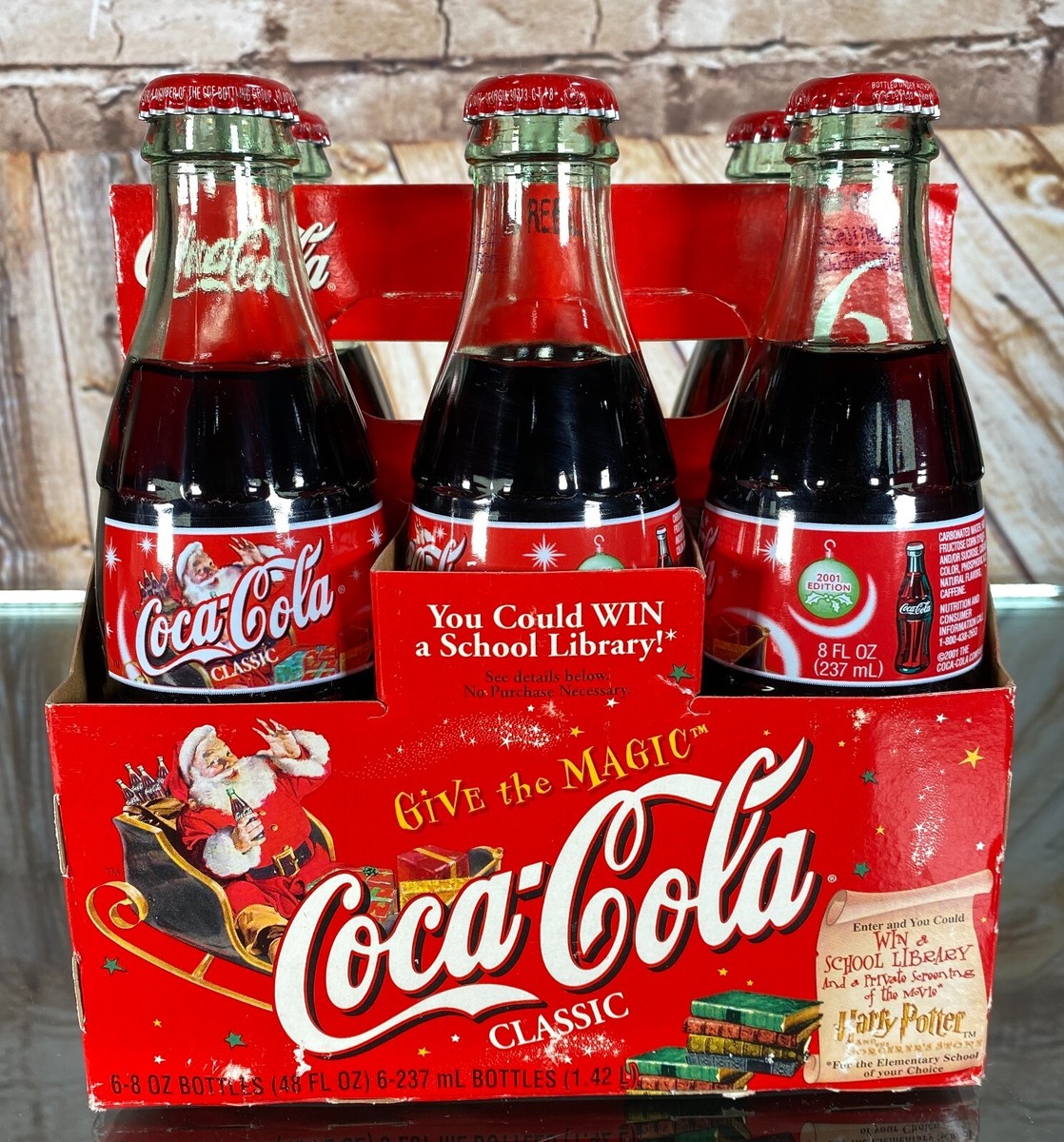 2001 Christmas 6-Pack Coke Bottles Coca-Cola Classic Santa Harry