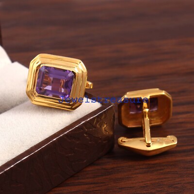 Natural Amethyst Gemstone With 925 Sterling Silver Gold Plated Men Cufflinks #J9