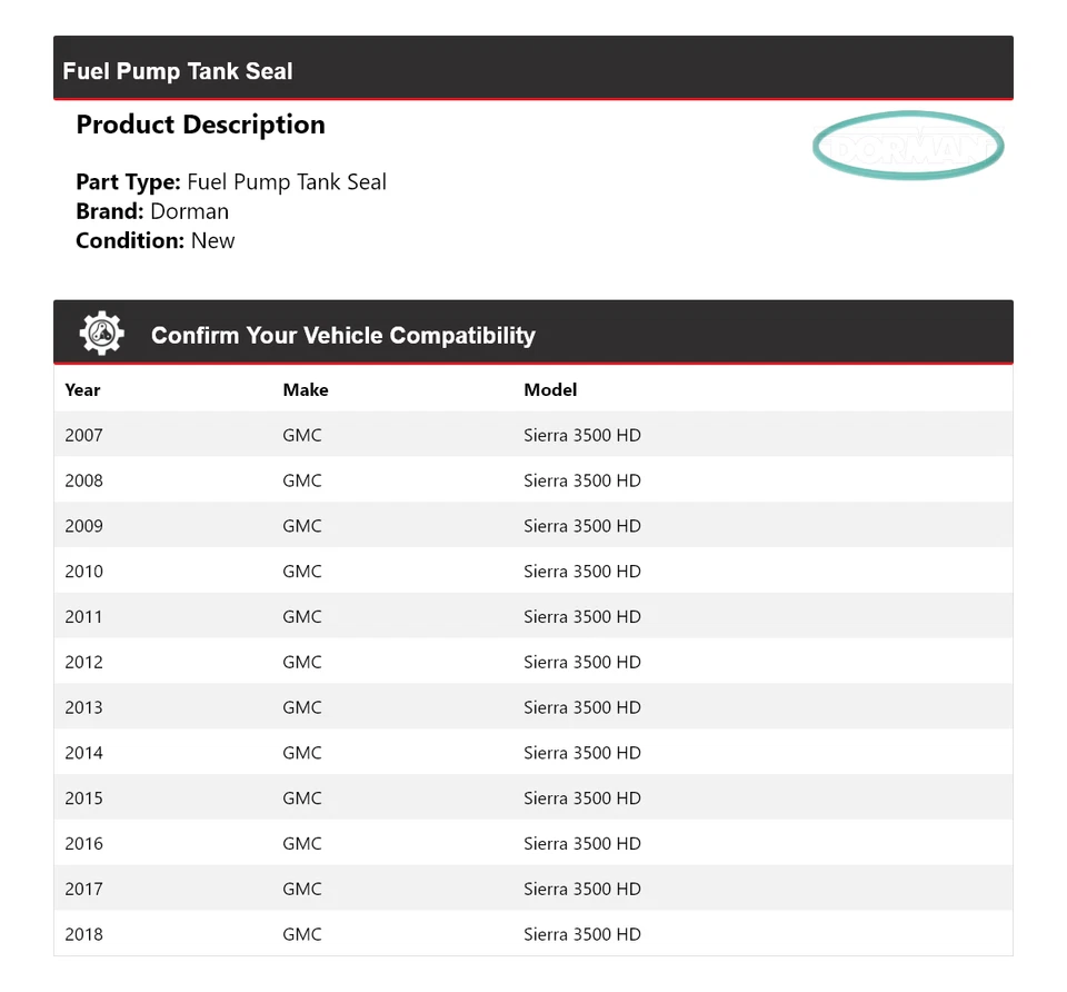 Sello de tanque de bomba de combustible Dorman para GMC Sierra 3500 HD 2007-2018 2008 2009 2010 2011 Foto 2 de 4