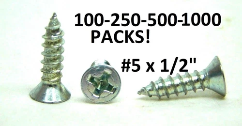 100-250-500-1000! #5 x 1/2" Flat Head Phillips Wood Screws Steel Zinc Plated HF