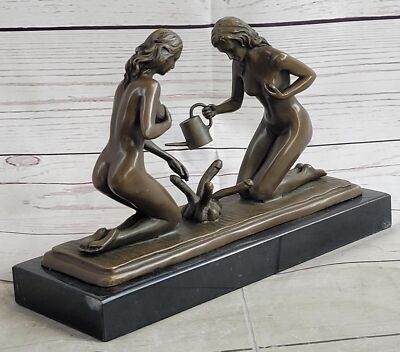 Captivating Bronze Sculpture: Sensual Naked Woman Gardener and Erotic Plant Sale