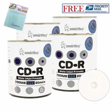 400 Pcs Smartbuy 52X CD-R White Inkjet Hub Printable Disc+FREE Micro Fiber Cloth