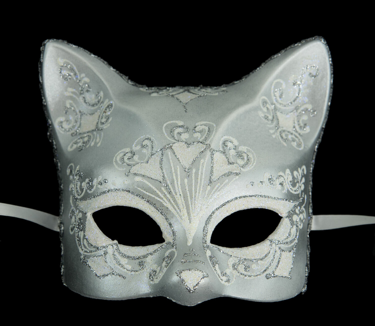 Mask from Venice Cat White Silver Florale Crafts - Luxury Painted Handmade 31