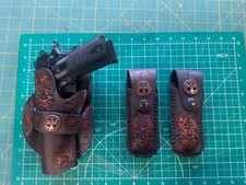 Handmade Leather LEFT HAND Holster 1911 2 Mag pouches Custom Carving