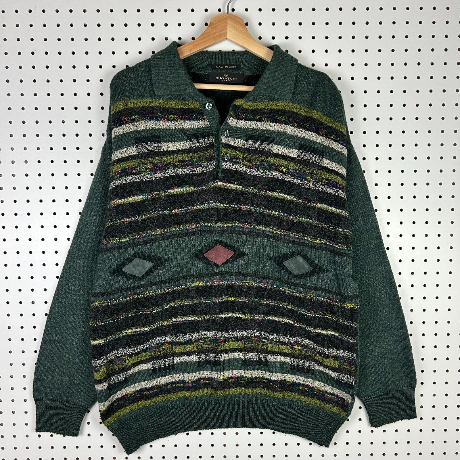 Bugatchi Collared Knit Sweater Large Button Green… - image 1