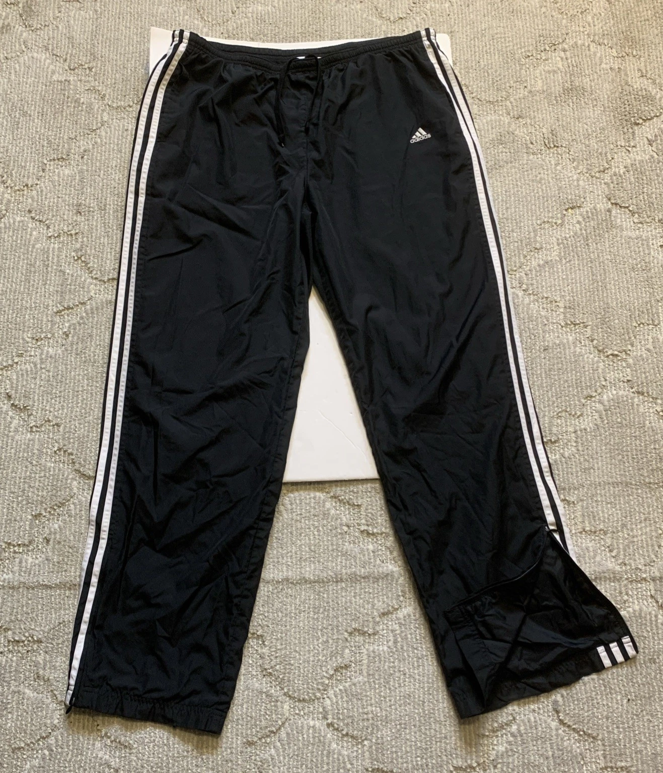 Adidas Track Pants Mens XL Black White Stripes Baggy Swishy Ankle Zips Y2K VTG