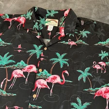 Paradise Found Hawaiian Shirt Mens XXL 2XL Flamingo Palm Tree Black Tropical