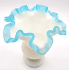 VINTAGE RARE 1940'S FENTON AQUA CREST MILK GLASS RUFFLED FLOWER VASE 7 INCHES