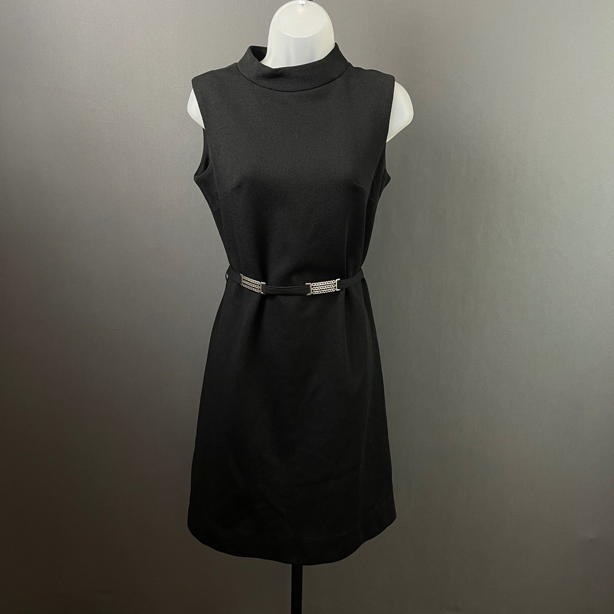 Vintage 1960s Bleeker Street Black Mock Neck Belted Shift Dress Dacron 12
