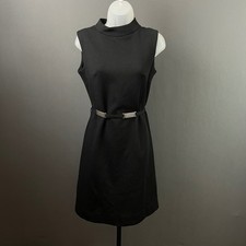 Vintage 1960s Bleeker Street Black Mock Neck Belted Shift Dress Dacron 12