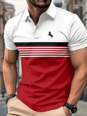 Men 3D Horse Stripe Polo Shirt Summer Street Oversized Breathable Casual Gift