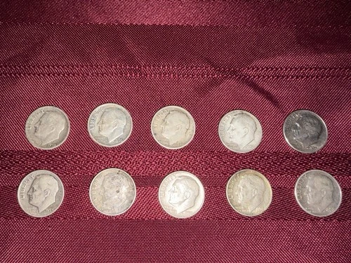 Lot of 10 Silver Roosevelt Dimes - Pre-1965 - 90% Silver!