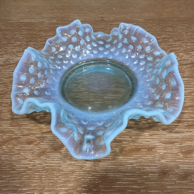 Fenton Aqua Blue Opalescent Hobnail Bowl Crimped Edge Bon-Bon Candy Dish VINTAGE