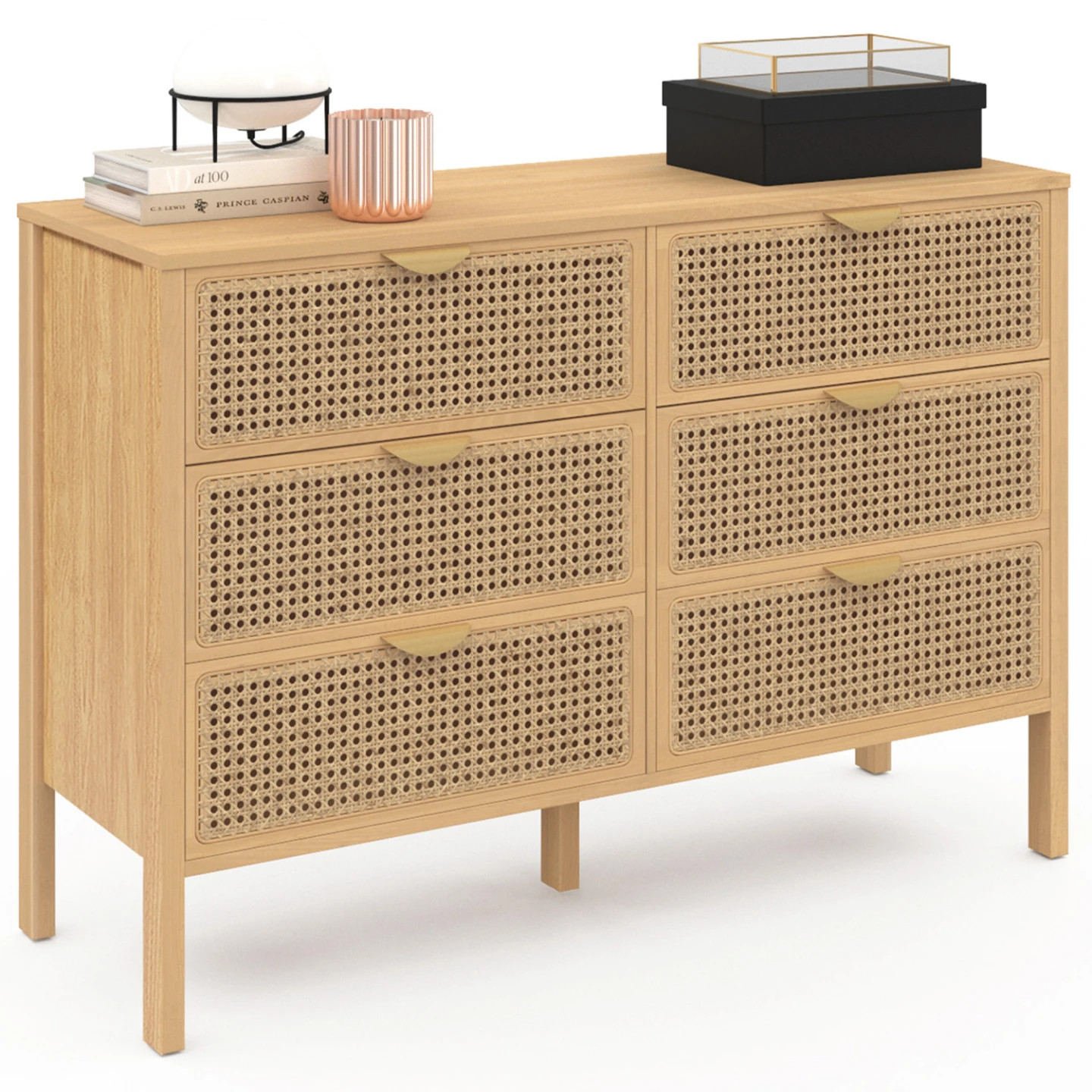 Commode 6 tiroirs EDHEN 115 cm buffet bas en bois cannage de rotin
