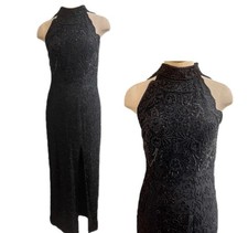 Vintage Adriana Papell Prom Dress 12 Maxi Gown Black Silk Slit Beaded Goth Glam
