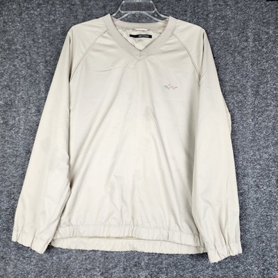 Greg Norman Windbreaker Pullover Mens Small Beige V-Neck Golf Jacket Shark Logo