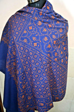 DEEP BLUE KASHMIRI WRAP HAND EMBROIDERY PAISLEY 100 CASHMERE PASHMINA SHAWL