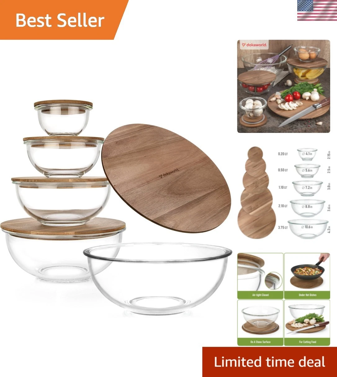 Set of 5 Nesting Glass Bowls with New Updated Acacia Lids for Foodprep, Stora...