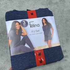 Felina 3 Piece PJ Set Tee Short  Jogger Heather Navy M d0238
