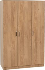 Oak Effect Finish 3 Door Triple Wardrobe Double Wardrobe + Shelves Hanging Rail