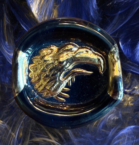 large BIMINI Button 1940s EAGLE’S HEAD BLACK Glass w gold Flowerpot Logo
