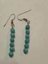 Turquoise Beaded Dangle Drop Earrings Stone Metal Hook Handmade Silver