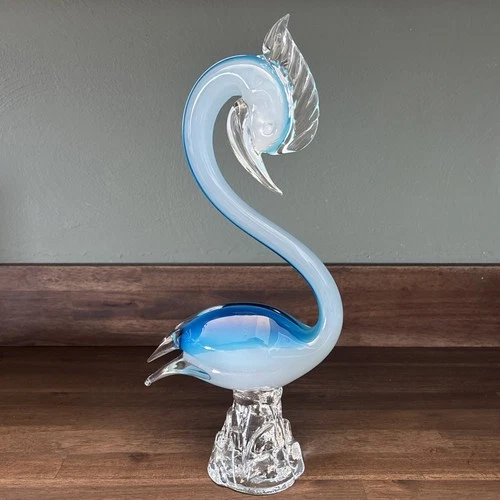VTG Murano Art Glass Sculpture 13” Swan Blue White Bird Avian Opalescent
