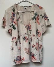 Lucky Brand Blouse Pink Floral Empire Waist Crepe V Neck Short Sleeve Large