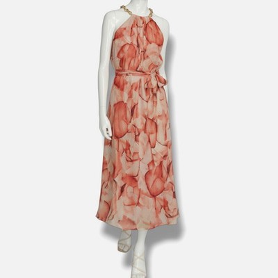 Donna Karan Women's Orange Printed Halter Chain Strap Self Tie Dress Size 2