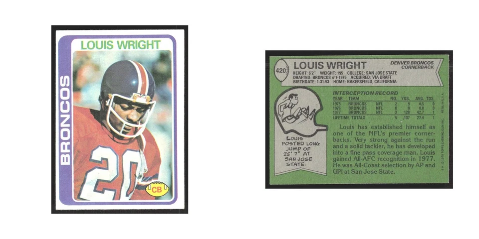 1978 Topps Louis Wright Broncos #420 - Image 3 of 3