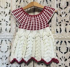Vintage Handmade Crochet 6M-12M Red White Baby Girls Dress Cottagecore Very Soft