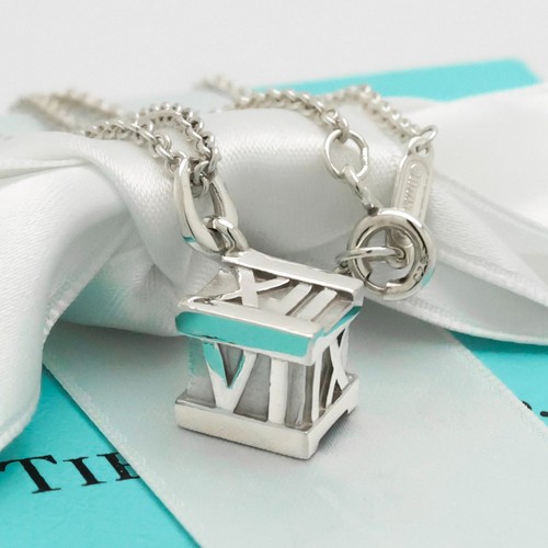 Authentic Tiffany & Co. Atlas Cube Pendant Necklace 16.1" Silver 925 w/Pouch