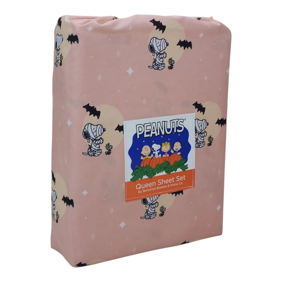 Peanuts Queen Sheet Set By Berkshire Pink Halloween Snoopy Bats - Image 2 of 4