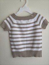Girls Size 6 Striped Short Sleeve Knit Sweater Top Beige White Pointelle
