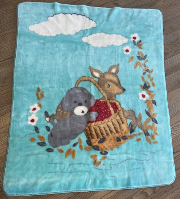 Vtg Plush Baby Blanket Puppy Dog Fawn Deer Basket Mint Green Teal - Main Image