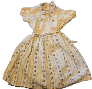 Vintage Girls 4t 1950s Yellow Roses Ticking Party Dress Retro Floral Belted