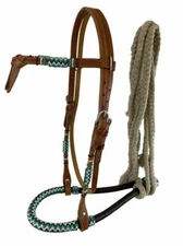Western Horse Bosal Hackamore Leather + Rawhide Bridle Headstall w/Cotton Mecate