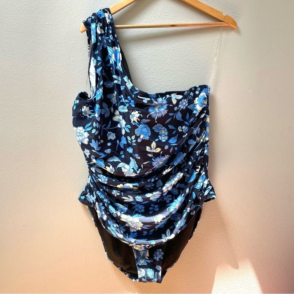 J. Crew Ruched OneShoulder OnePiece Swimsuit Blue Floral Women's 22