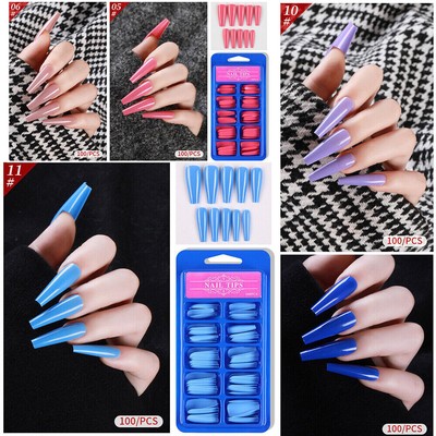 100PCS False Nail Tips Long French Ballerina Coffin Fake Nails Art Full Cover