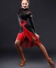 Womens Tassels Floral Latin Competition Dance Dress Rumba Samba Cha Cha Ballroom