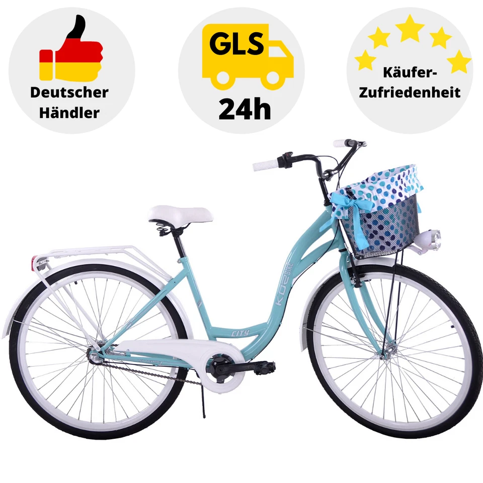 Fahrrad Damen 28 Zoll Damenrad mit Korb LED Licht Retro Blau Citybike Metallkorb - Bild 4 von 4