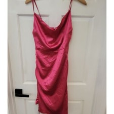 Pink Satin Slip Dress Adjustable Spaghetti Straps Drawstring Bottom