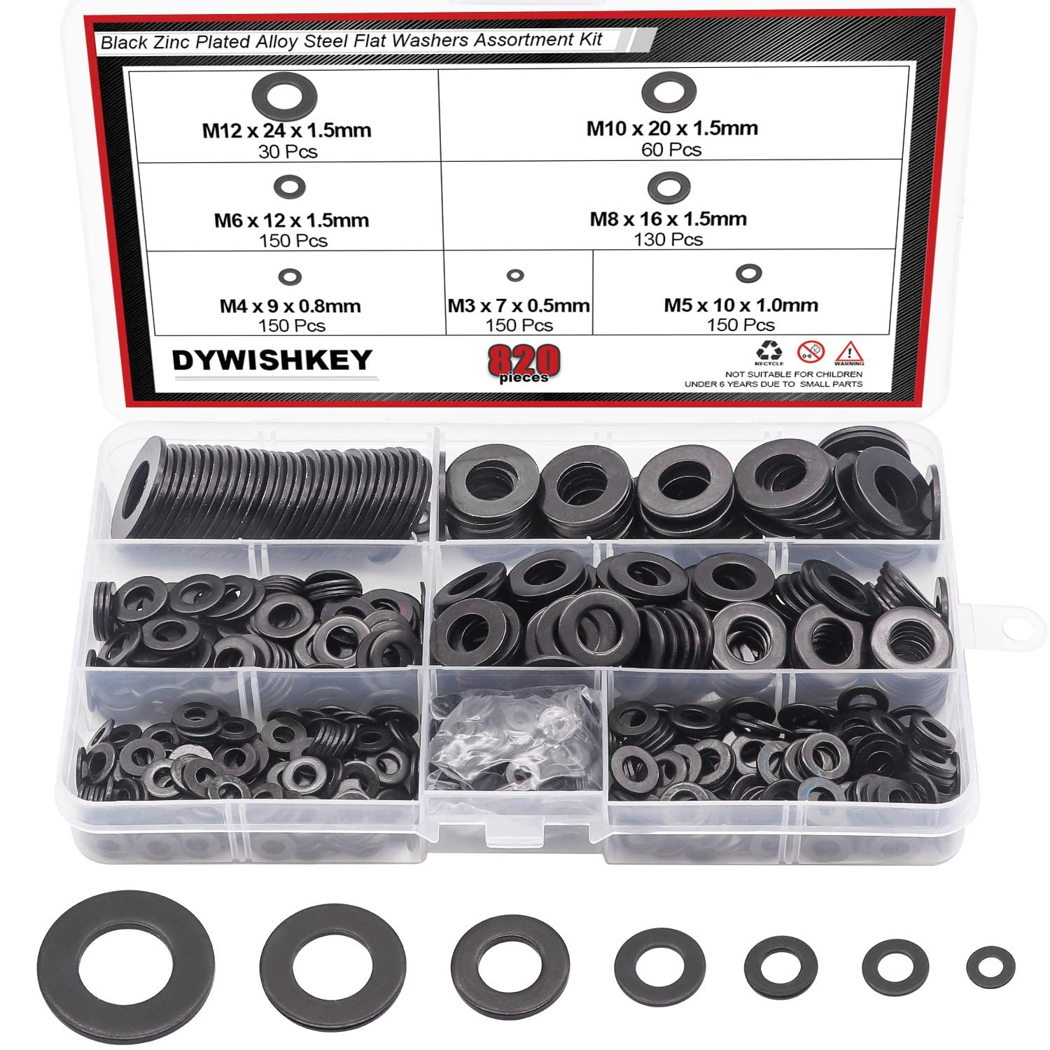 DWISHKEY 820Pieces 7 Sizes Black Zinc Plated Steel Flat Washers Assortment Kit