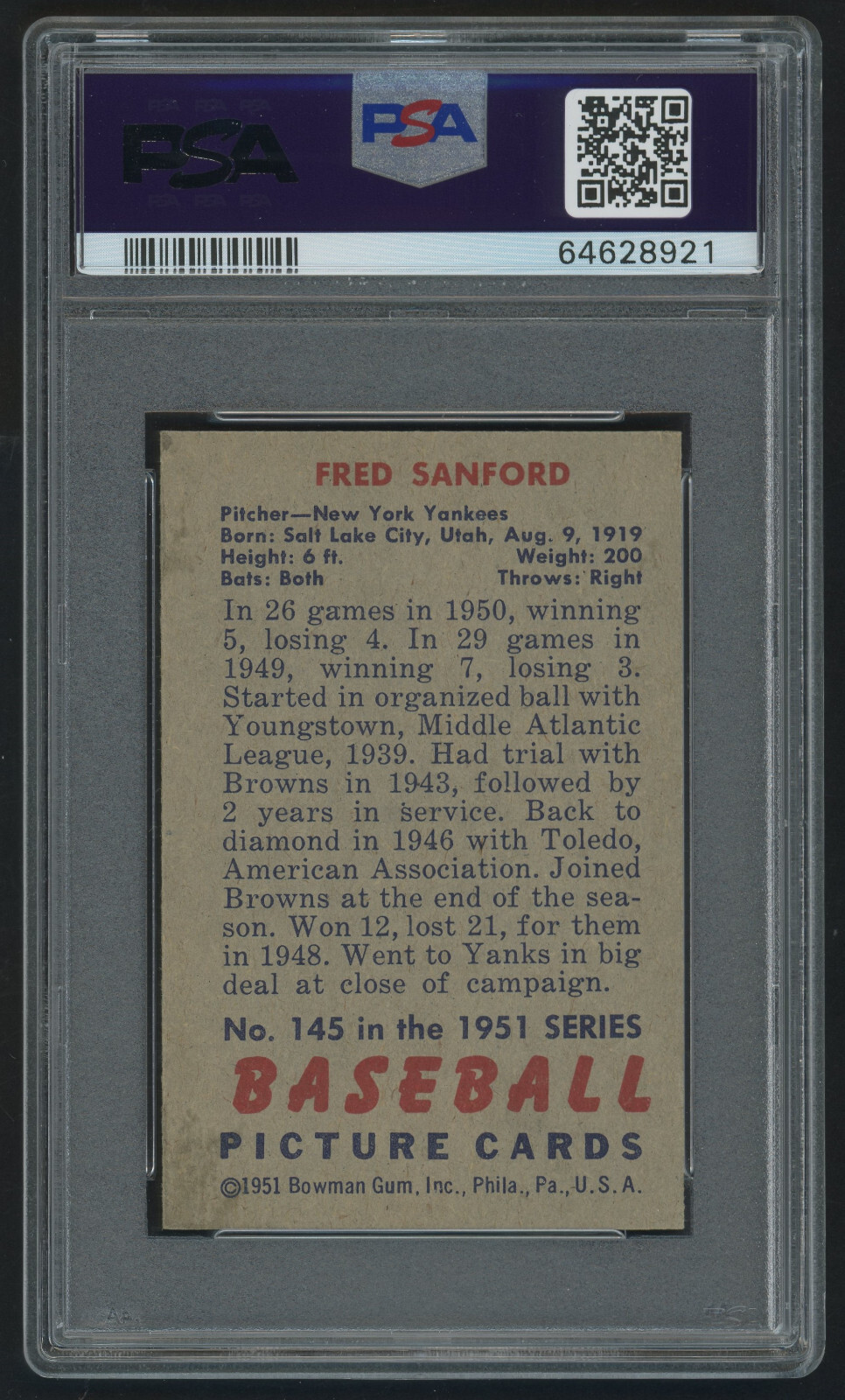 1951 Bowman 145 Fred Sanford New York Yankees PSA 6 Vintage Baseball Card view 2