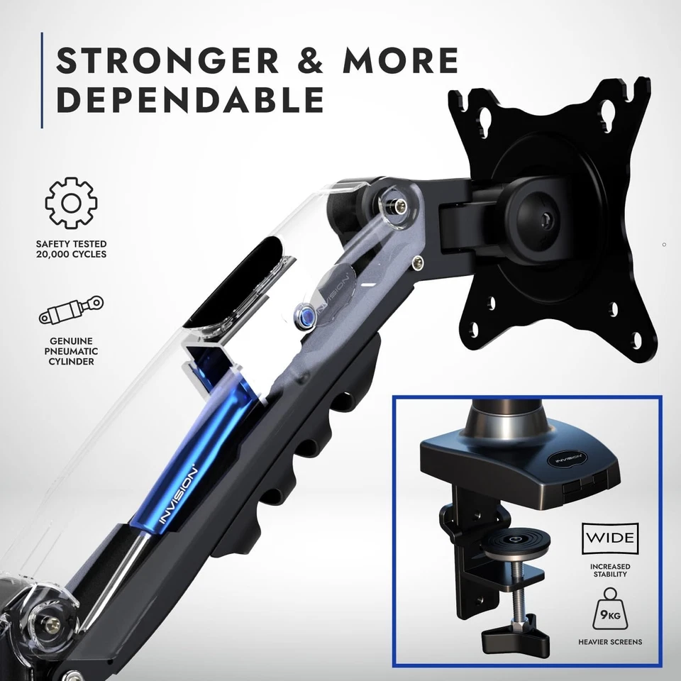 Invision Single Monitor Arm Desk Mount 19"-32" Screens Stand Bracket with Clamp - Image 2 of 4